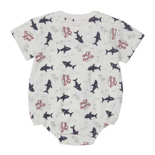 BUDDYLEE 半袖ボディスーツ ポケット付き サメ総柄 ホワイト&times;70cm