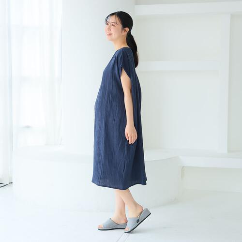 ぽこぽこガーゼの湯上りワンピ ネイビー×M-L