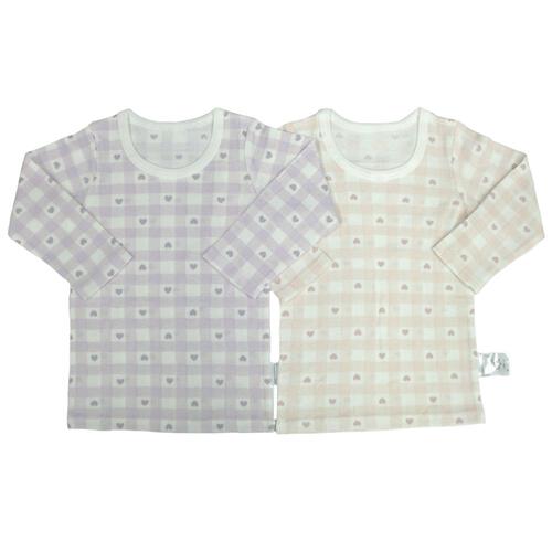 長袖シャツ肌着 2枚組 テレコ チェックハート ホワイト×90cm