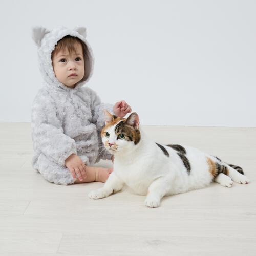 【ベビー×ペットコレクション】長袖ロンパース 耳付き うずまきフリース ネコ(ホワイト×80cm)