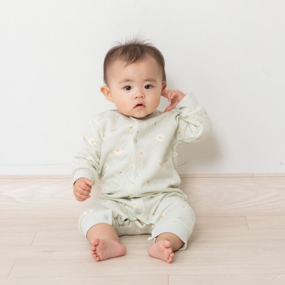 長袖カバーオール ニットキルト デイジー柄 ミントグリーン×70cm