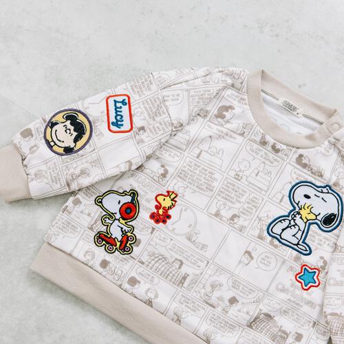 SNOOPY スヌーピー トレーナー 総柄 ワッペン ベージュ×95cm