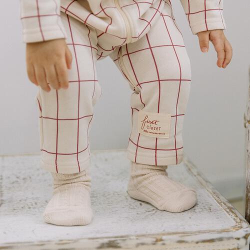 【FirstCloset×mioさん】 長袖ファスナーオール 格子柄 裏毛 ナチュラル×70cmベビーザらス限定