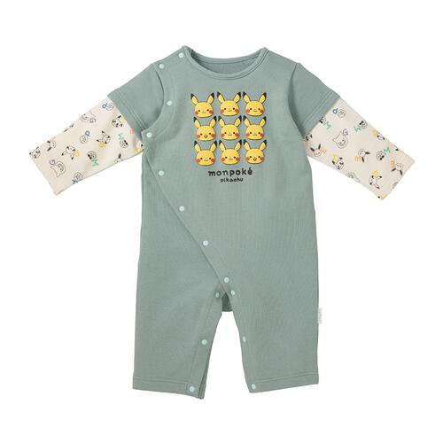monpoke モンポケ 長袖ロンパース レイヤード調 グリーン×80cm