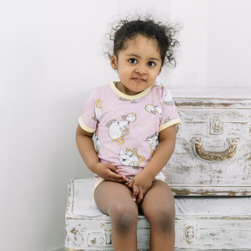 ディズニー 半袖ボディスーツ 総柄 ポット婦人＆チップ ピンク&times;80cm