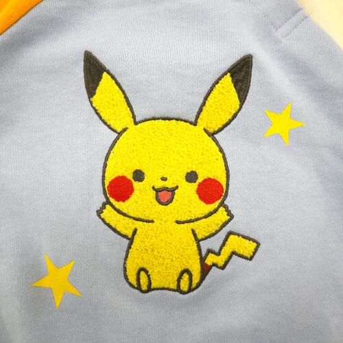 monpoke モンポケ トレーナー 袖配色 サガラ刺繍 ピカチュウ ブルー×100cm
