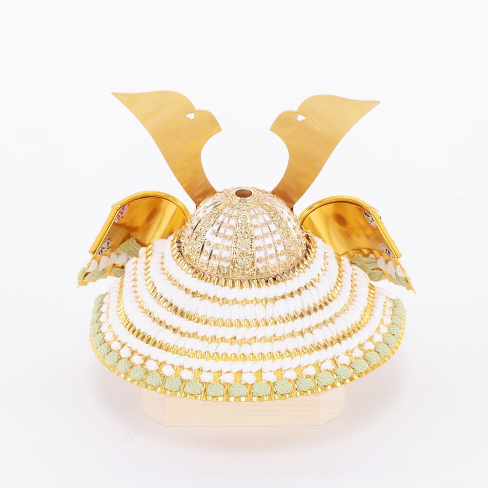 五月人形】兜飾り 収納飾り「白薄緑縅金小札茶木目」初節句 男の子