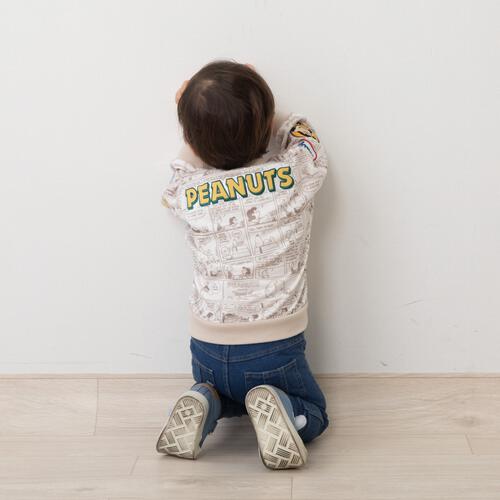 SNOOPY スヌーピー トレーナー 総柄 ワッペン ベージュ×90cm