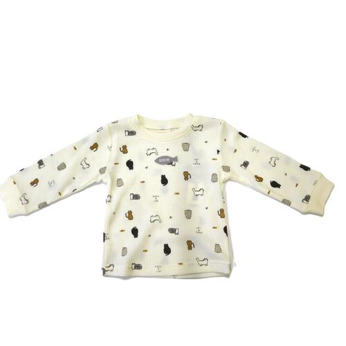 【ベビー×ペットコレクション】長袖Tシャツ ワッフル 猫総柄 ナチュラル×80cm