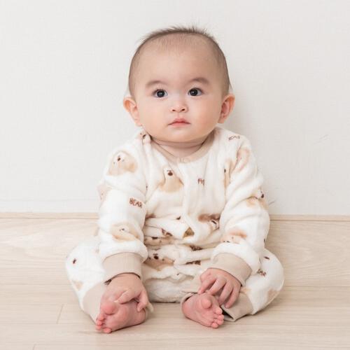 長袖カバーオール フリース クマ柄 ベージュ×80cm