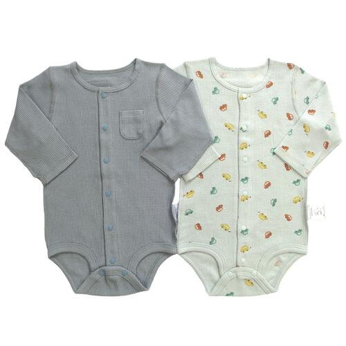 長袖前開きロンパース肌着 2枚組 ワッフル 車 ブルー×80cm ベビーザらス限定