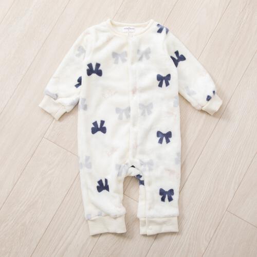 長袖カバーオール フリース リボン柄 グレー×80cm