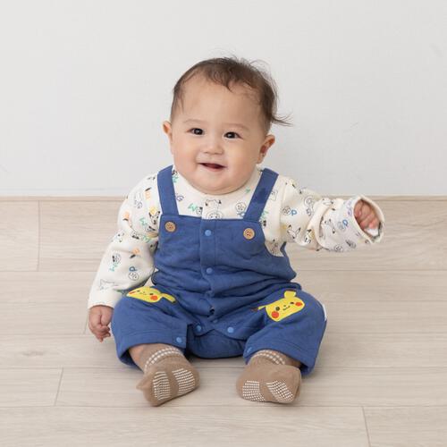 monpoke モンポケ 長袖ロンパース サロペット型 ブルー×70cm