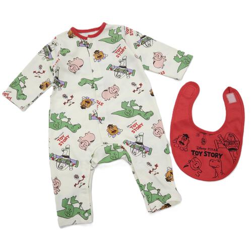 Disney ディズニー 長袖前開きプレオール スタイ付き トイストーリー ナチュラル×70-80cm