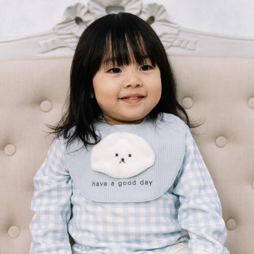 【ベビー&times;ペットコレクション】長袖ボディスーツ スタイ付き 格子柄 スムス イヌ ブルー&times;80cm