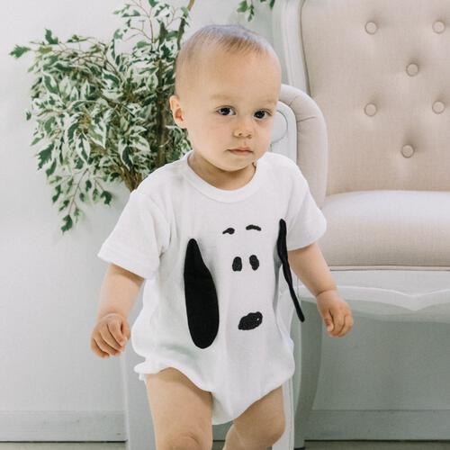 SNOOPY 半袖ボディスーツ 顔ドッカン しっぽ付き スヌーピー ホワイト&times;70-80cm