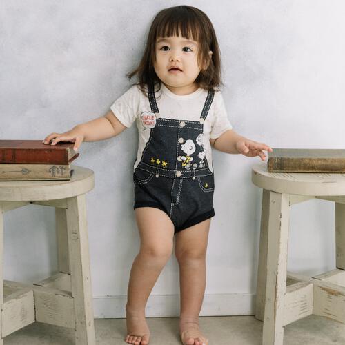 SNOOPY 半袖ボディスーツ サロペット風 スヌーピー ナチュラル&times;70cm