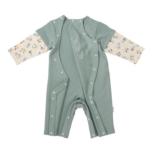 monpoke モンポケ 長袖ロンパース レイヤード調 グリーン×70cm