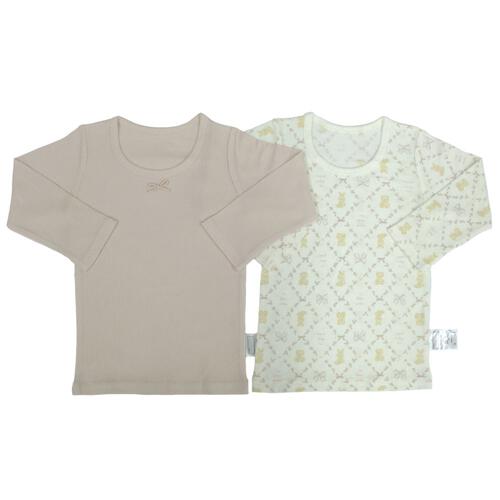 長袖シャツ肌着 2枚組 テレコ くまうさぎ ピンク&times;90cm