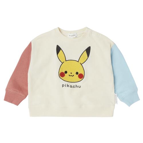 monpoke モンポケ トレーナー 袖配色 サガラ刺繍 ピカチュウ ナチュラル&times;90cm