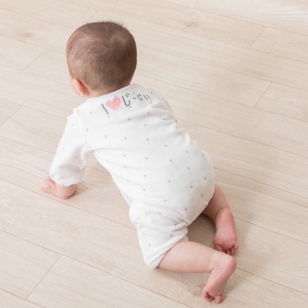 長袖ちびオール ベロア アイラブじーじぃ刺繍 ホワイト×60-70cm