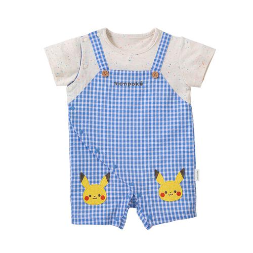 monpoke モンポケ 半袖ロンパース ギンガムチェック サロペット型 ブルー&times;80cm ベビーザらス限定 赤ちゃん 出産準備 出産祝い ベビー服 子供服