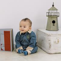 BUDDYLEE 長袖前開きロンパース 衿付き デニム×ニットコール グレー×70cm ベビーザらス限定