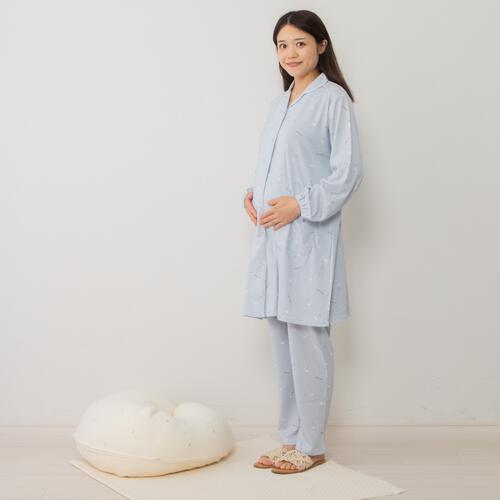 Petit jouet for maternity プティジョエット 長袖テーラーパジャマ 腹巻レギンス スムース わたげ柄(ライトブルー×M-L)