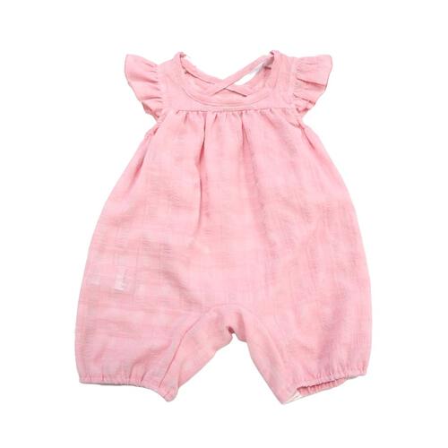 FirstCloset 半袖ロンパース 先染めチェック バブーシュカ付き ピンク&times;70cm