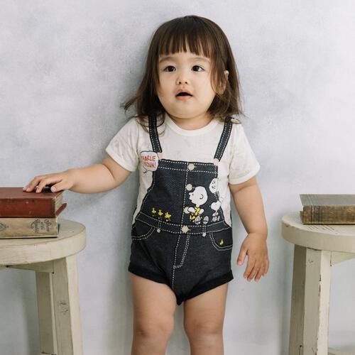 SNOOPY 半袖ボディスーツ サロペット風 スヌーピー ナチュラル&times;70cm