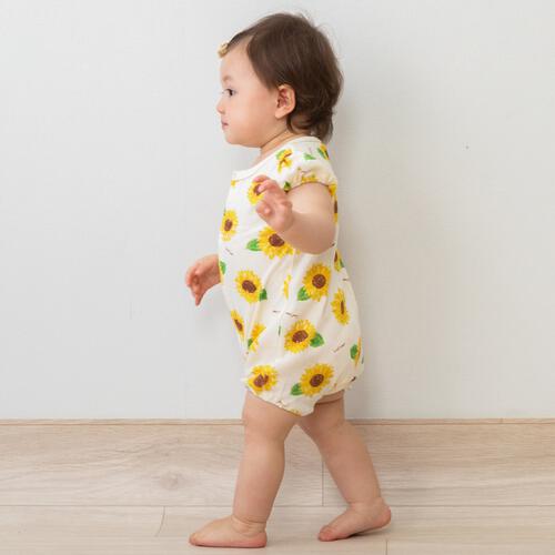 半袖ロンパース 鹿の子天竺 ひまわり柄 イエロー&times;80cm
