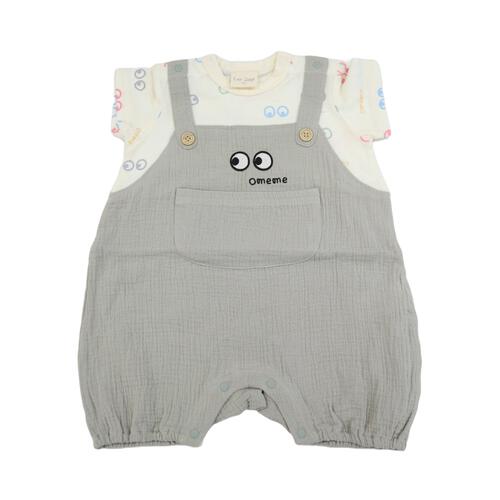 FirstCloset 半袖ロンパース サロペット風 天竺&times;Wガーゼ お目目総柄 ナチュラル&times;70cm