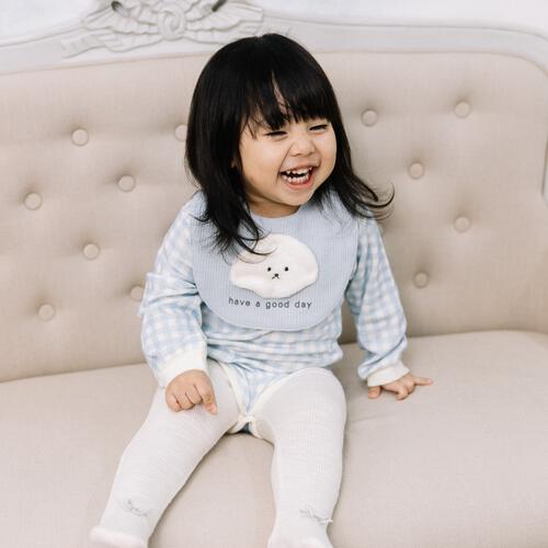 【ベビー&times;ペットコレクション】長袖ボディスーツ スタイ付き 格子柄 スムス イヌ ブルー&times;80cm