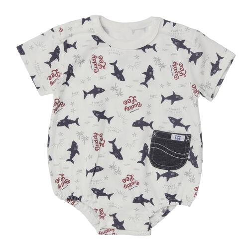 BUDDYLEE 半袖ボディスーツ ポケット付き サメ総柄 ホワイト&times;70cm