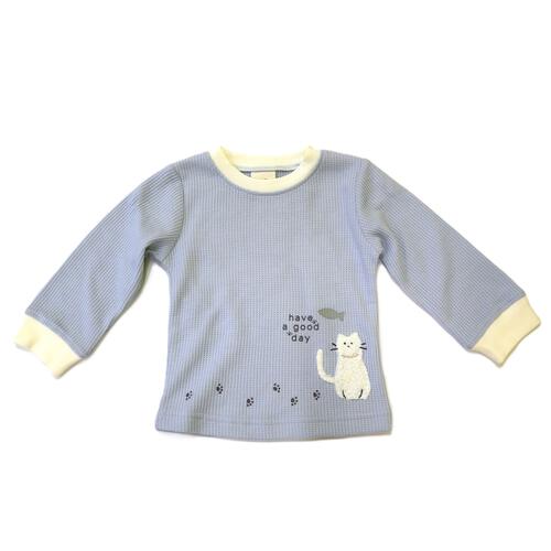 【ベビー×ペットコレクション】長袖Tシャツ ワッフル 猫ワンポイント ブルー×80cm