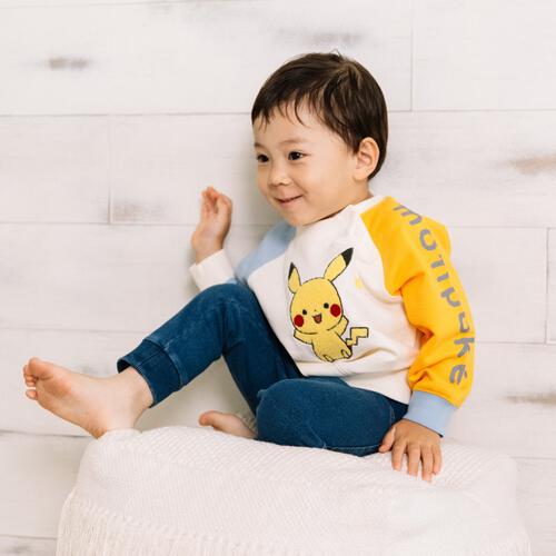 monpoke モンポケ トレーナー 袖配色 サガラ刺繍 ピカチュウ ナチュラル×100cm