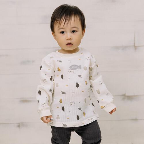 【ベビー×ペットコレクション】長袖Tシャツ ワッフル 猫総柄 ナチュラル×80cm