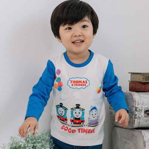 THOMAS トーマス デイリーTシャツ 長袖 天竺 袖切替(ブルー×100cm  