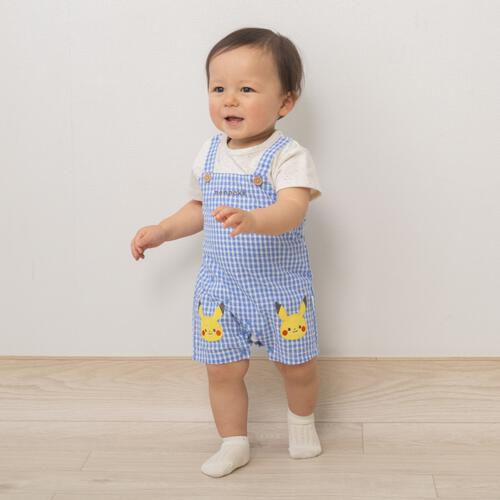 monpoke モンポケ 半袖ロンパース ギンガムチェック サロペット型 ブルー&times;80cm ベビーザらス限定 赤ちゃん 出産準備 出産祝い ベビー服 子供服