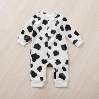 長袖カバーオール フリース 牛柄 ブラック×80cm