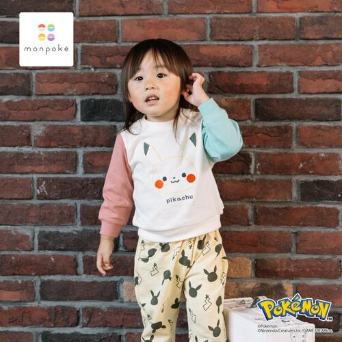 monpoke モンポケ トレーナー 袖切替 ピカチュウ(ナチュラル×100cm)