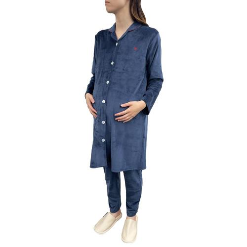 POLOBCS 長袖テーラーパジャマ ストレッチベロア 無地(ネイビー×M-L)