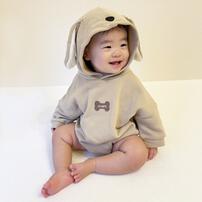 【ベビー×ペットコレクション】長袖フード付きボディスーツ ボア耳付き 裏毛 犬 70-80cm