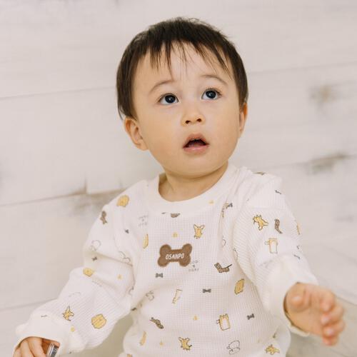 【ベビー×ペットコレクション】長袖Tシャツ ワッフル 犬総柄 ナチュラル×80cm