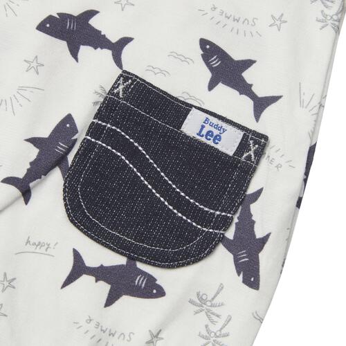 BUDDYLEE 半袖ボディスーツ ポケット付き サメ総柄 ホワイト&times;70cm