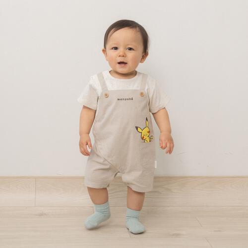 monpoke モンポケ半袖ロンパース サロペット型 ベージュ&times;80cm