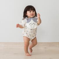 スタイ付きボディスーツ 天竺 ネコ グレー&times;80cm