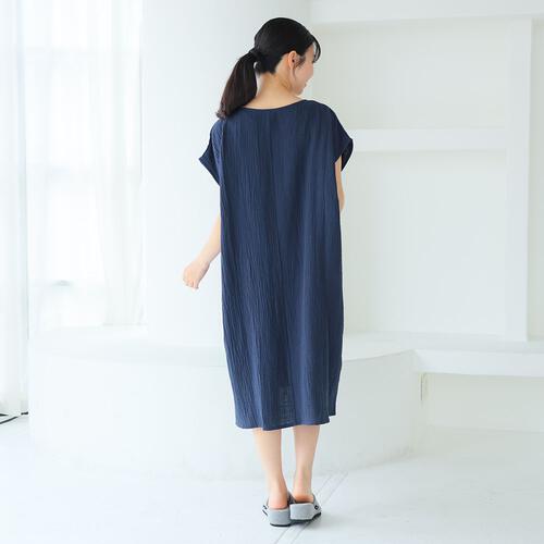 ぽこぽこガーゼの湯上りワンピ ネイビー×M-L