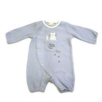 【ベビー×ペットコレクション】長袖前開きフィットオール ポケット付き 猫 ブルー×70-80cm