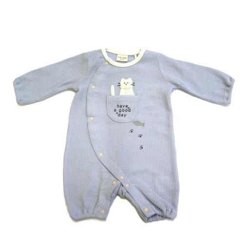 【ベビー×ペットコレクション】長袖前開きフィットオール ポケット付き 猫 ブルー×70-80cm